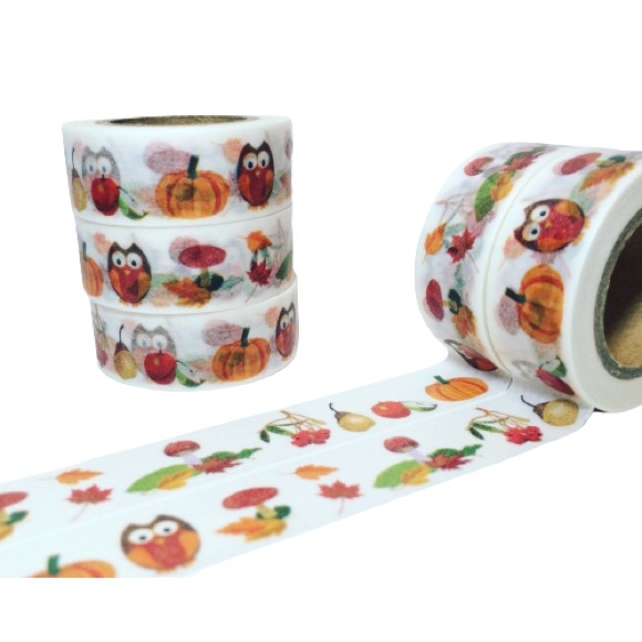 Harvest Festival, Owls, Pumpkins, Apples and More, Washi Tape, 1 Full Roll - Picture 2 of 3